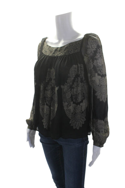 Etro Womens Silk Black Floral Print Square Neck Long Sleeve Blouse Top Size 40