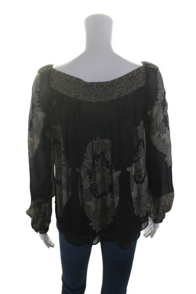 Etro Womens Silk Black Floral Print Square Neck Long Sleeve Blouse Top Size 40