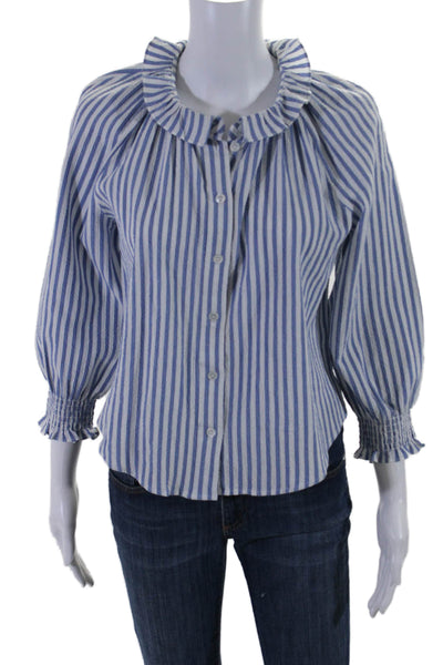 Veronica Beard Jeans Womens Button Up Striped Collared Shirt Blue White Medium