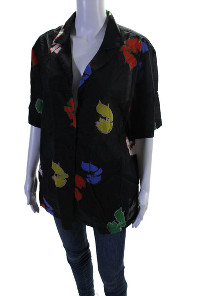 Cynthia Rowley Womens Cotton Floral Short Sleeve Blouse Top Black Size XS/S