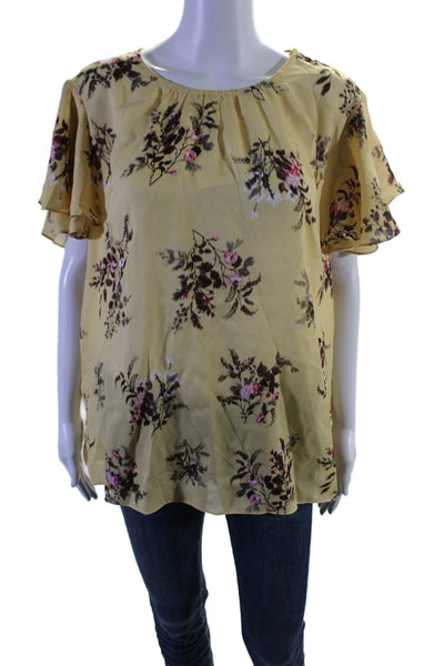 Elie Tahari Womens Silk Floral Round Neck Short Sleeve Blouse Yellow Size XL