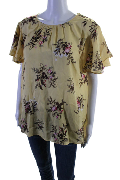 Elie Tahari Womens Silk Floral Round Neck Short Sleeve Blouse Yellow Size XL