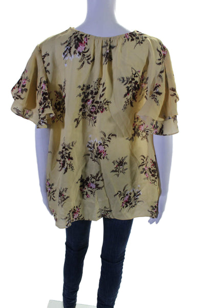 Elie Tahari Womens Silk Floral Round Neck Short Sleeve Blouse Yellow Size XL