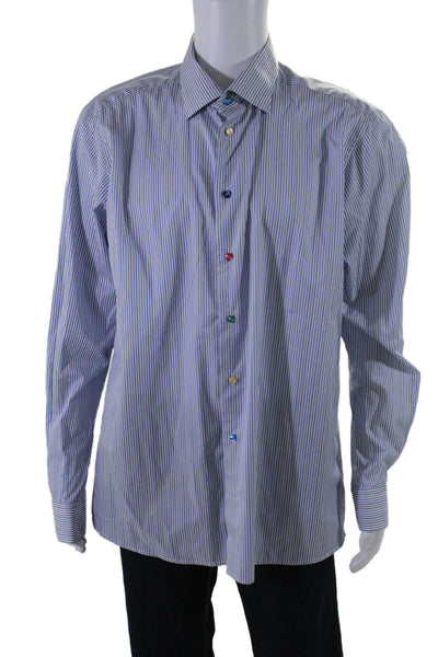 Canali Mens Long Sleeves Button Down Dress Shirt Blue Cotton Size 44 17.5