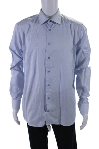 Eton Mens Long Sleeves Slim Fit Button Down Dress Shirt Blue Cotton Size 44 17.5