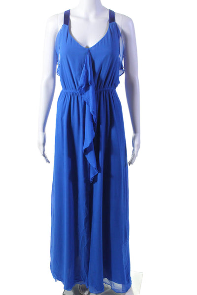 Rebecca Taylor Women's V-Neck Sleeveless Ruffle Slit Hem Maxi Dress Blue Size 8