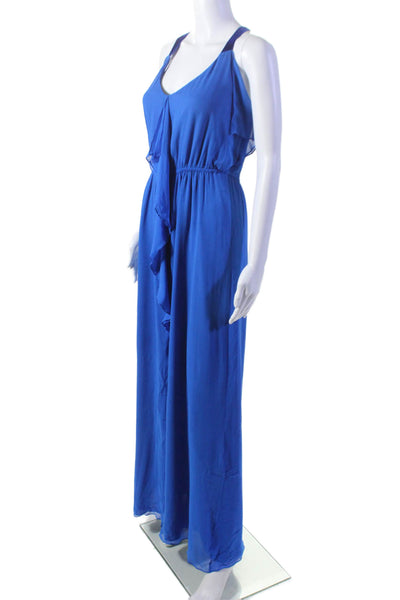 Rebecca Taylor Women's V-Neck Sleeveless Ruffle Slit Hem Maxi Dress Blue Size 8