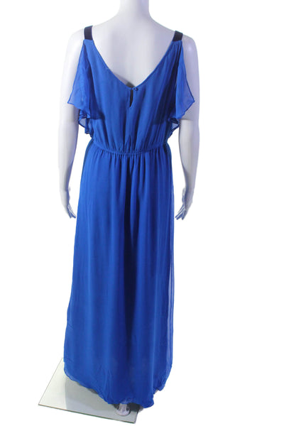 Rebecca Taylor Women's V-Neck Sleeveless Ruffle Slit Hem Maxi Dress Blue Size 8