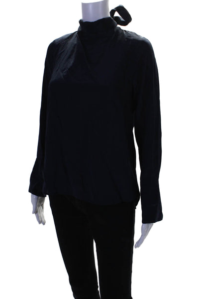 J Crew Women's Round Neck Long Sleeves Silk Blouse Navy Blue Size 6