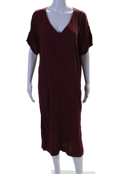 Madewell Women's V-Neck Short Sleeves Slit Hem Midi Shift Dress Burgundy Size M