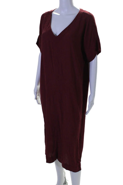 Madewell Women's V-Neck Short Sleeves Slit Hem Midi Shift Dress Burgundy Size M