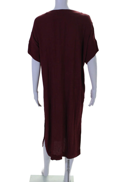 Madewell Women's V-Neck Short Sleeves Slit Hem Midi Shift Dress Burgundy Size M