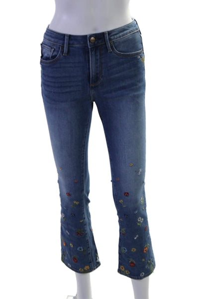 Driftwood Womens Floral Embroidered High Rise Flare Leg Jeans Blue Size 25