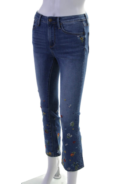 Driftwood Womens Floral Embroidered High Rise Flare Leg Jeans Blue Size 25