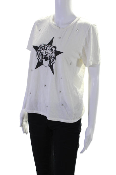 Lauren Moshi Womens Star Graphic Short Sleeves Shirt White Black Size Small