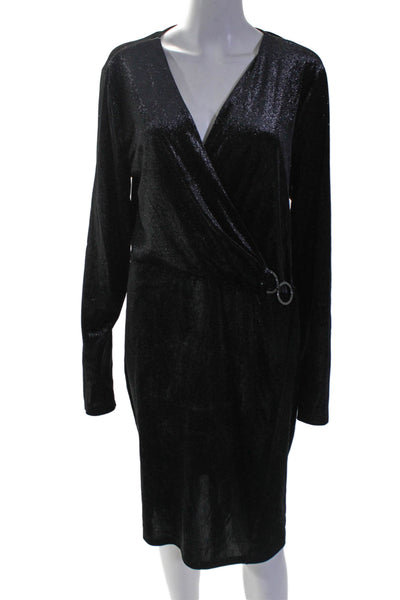 T Tahari Womens Sparkly Velvet V-Neck Long Sleeve Dress Black Size XL