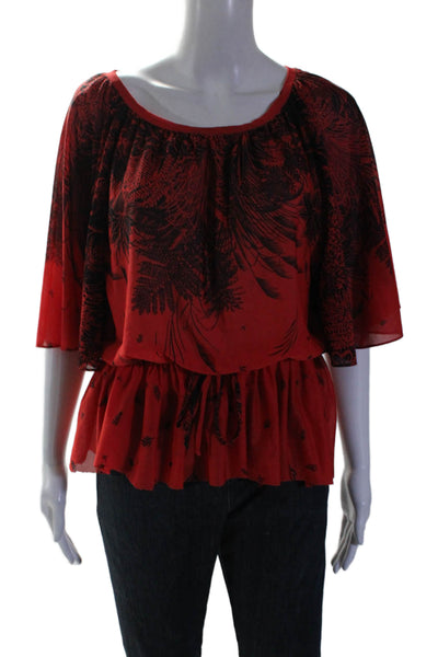 Laura Gene Fashions Womens Floral Round Neck Short Sleeve Blouse Top Red Size M