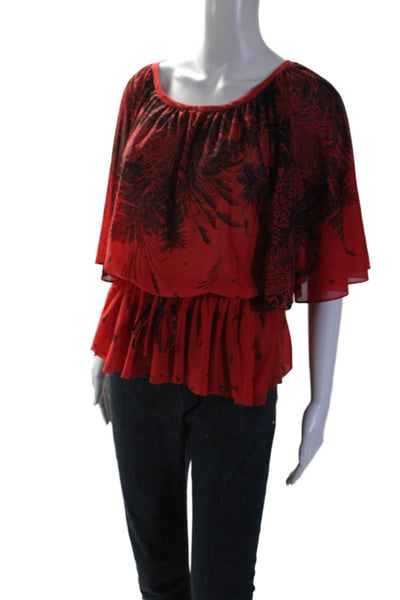 Laura Gene Fashions Womens Floral Round Neck Short Sleeve Blouse Top Red Size M