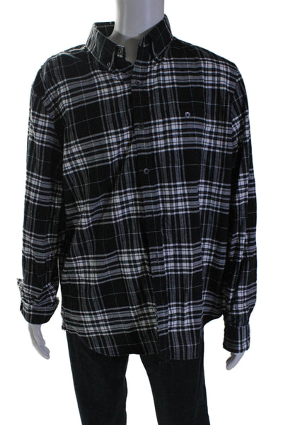 Todd Snyder Mens Button Front Long Sleeve Collared Plaid Shirt Black White 2XL