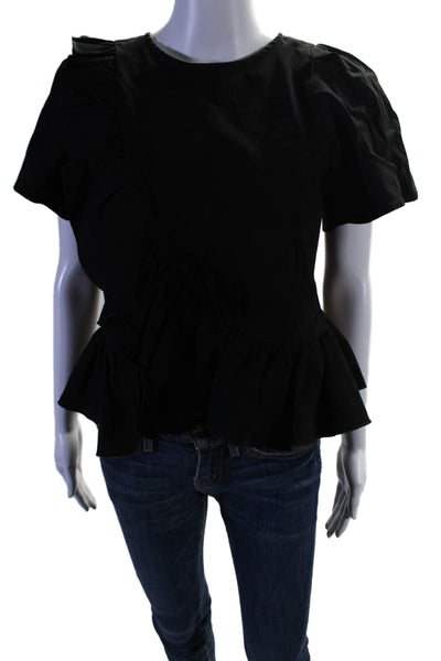 Sea New York Womens Linen Ruffle Detail Short Sleeve Blouse Top Black Size 4