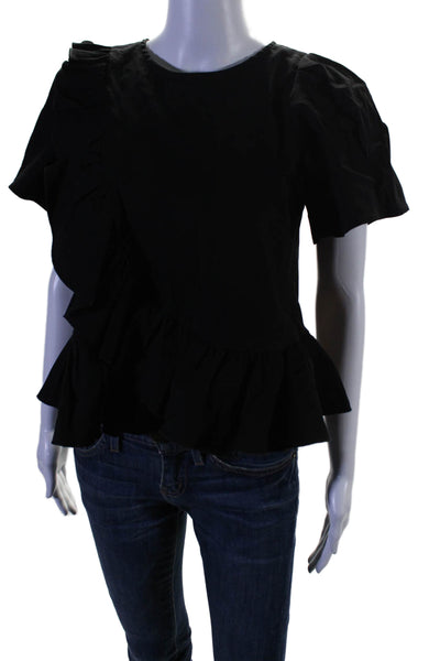 Sea New York Womens Linen Ruffle Detail Short Sleeve Blouse Top Black Size 4