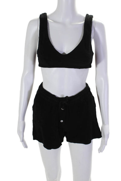 Donni Womens Terry Cotton 2 Piece Bralette Shorts Lounge Set Black Size S XS