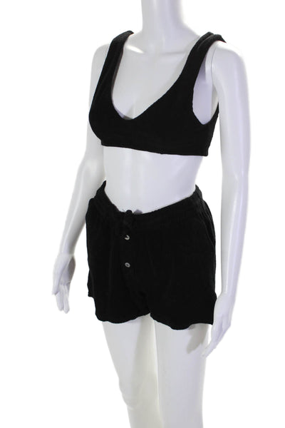 Donni Womens Terry Cotton 2 Piece Bralette Shorts Lounge Set Black Size S XS