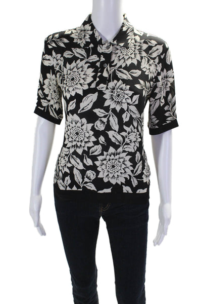 Theory Womens Silk Short Sleeve Floral Button Up Blouse Black White Size P