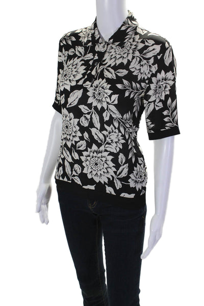 Theory Womens Silk Short Sleeve Floral Button Up Blouse Black White Size P