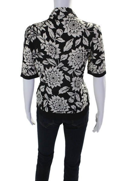 Theory Womens Silk Short Sleeve Floral Button Up Blouse Black White Size P