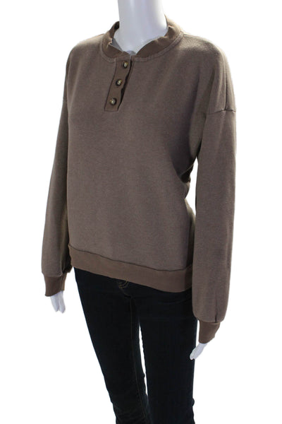 Donni Womens Long Sleeve Button Up Henley Crewneck Sweatshirt Top Brown Size S