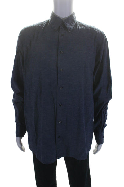 Eton Mens Cotton Collared Spotted Print Long Sleeve Button-Down Top Blue Size XL