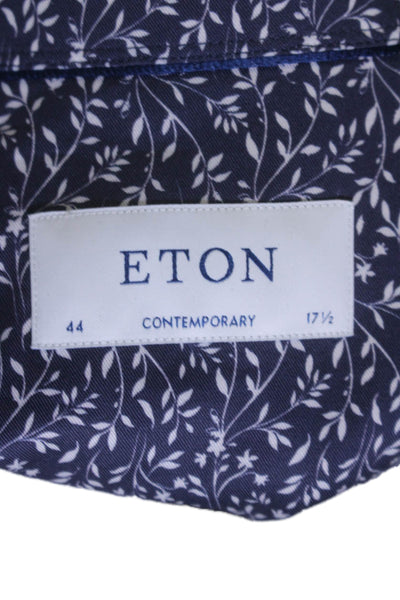 Eton Mens Cotton Navy Floral Collar Long Sleeve Button Up Dress Shirt Size 17.5