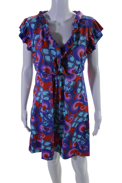 Tracy Negoshian Womens Short Sleeve Ruffled Abstract Dress Multicolored Large