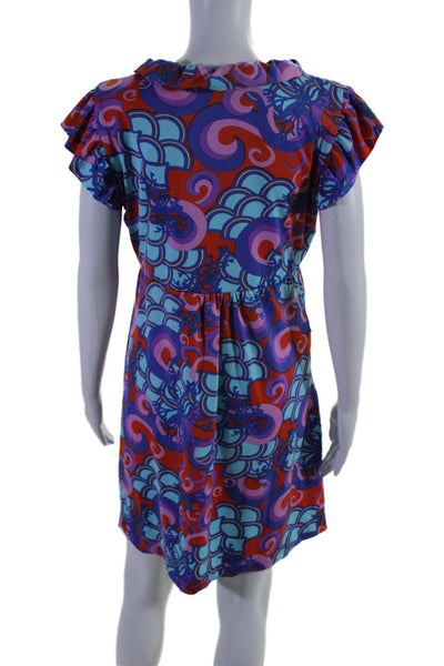 Tracy Negoshian Womens Short Sleeve Ruffled Abstract Dress Multicolored Large