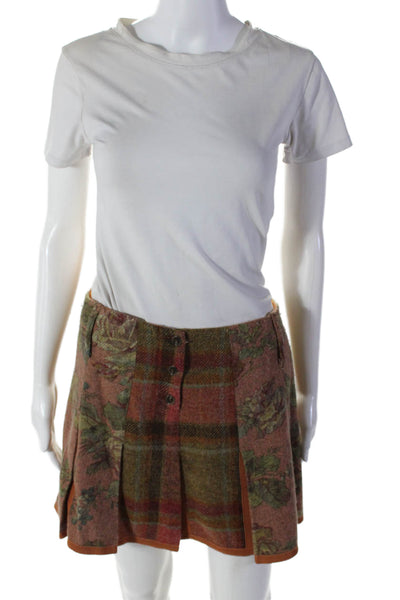 Etro Milano Womens Wool Plaid Flora Pleated Skirt Orange Pink Size 42