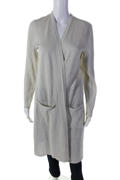 Eileen Fisher Womens Linen Glitter Long Sleeved Open Front Cardigan White Size S