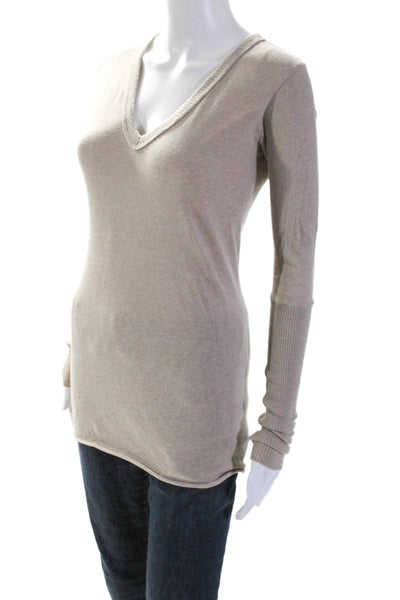 Enza Costa Women's V-Neck Long Sleeves Pullover Sweater Beige Size S