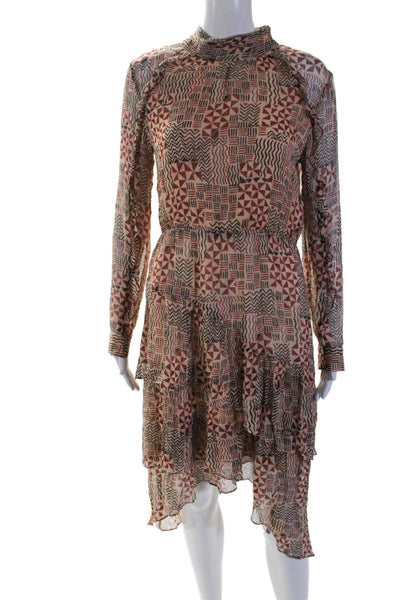 Ba&Sh Womens Geometric Print High Neck Long Sleeve Mid-Calf Dress Tan Size L