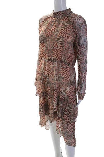 Ba&Sh Womens Geometric Print High Neck Long Sleeve Mid-Calf Dress Tan Size L