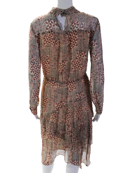 Ba&Sh Womens Geometric Print High Neck Long Sleeve Mid-Calf Dress Tan Size L