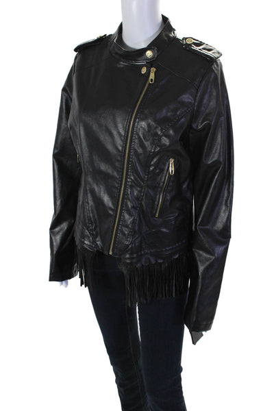 Steve Madden Womens Front Zip Crew Neck Fringe Faux Leather Jacket Black Large