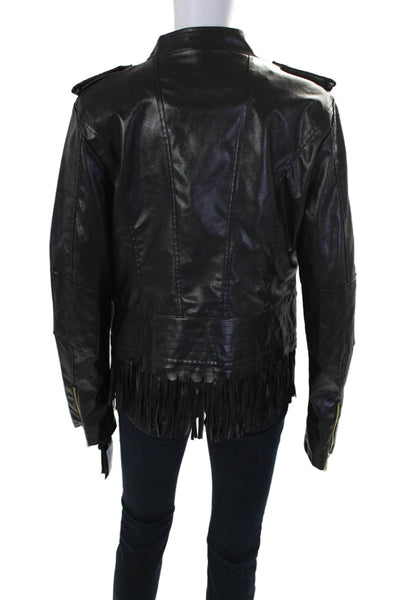 Steve Madden Womens Front Zip Crew Neck Fringe Faux Leather Jacket Black Large