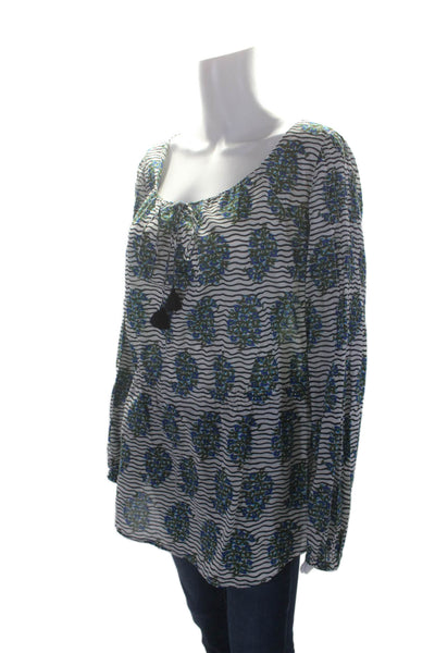 Tory Burch Womens Long Sleeve Striped Floral Keyhole Blouse White Green Navy 12