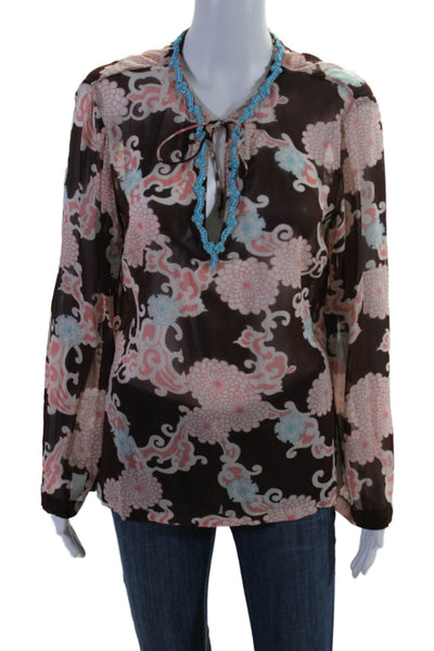 Trina Turk Womens Long Sleeve Keyhole Floral Silk Blouse Brown Pink Size Large