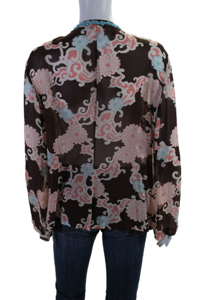 Trina Turk Womens Long Sleeve Keyhole Floral Silk Blouse Brown Pink Size Large