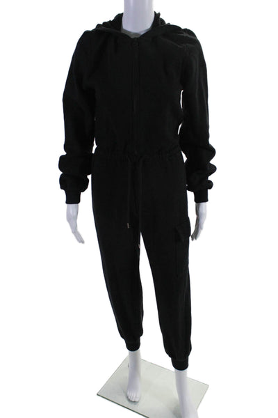 The Range Womens Cotton Hooded Drawstring Waist Zip Up Jumpsuit Black Size S