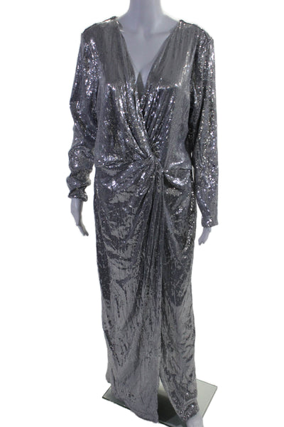 Jason Wu x Eloquii Womens Back Zip V Neck Sequin Gown Silver Tone Size 16