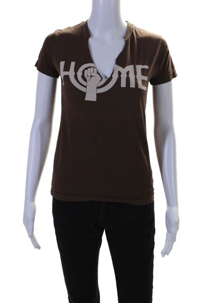 Worn Free Womens Cotton Graphic V-neck Short Sleeved T-shirt Dark Brown Size M