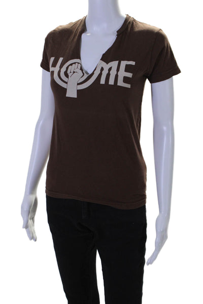 Worn Free Womens Cotton Graphic V-neck Short Sleeved T-shirt Dark Brown Size M